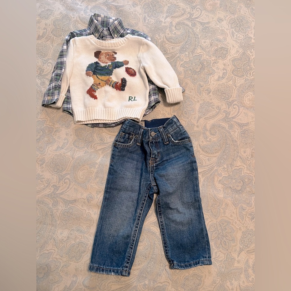 Ralph Lauren Polo bear sweater with Ralph Lauren button down and RL jeans